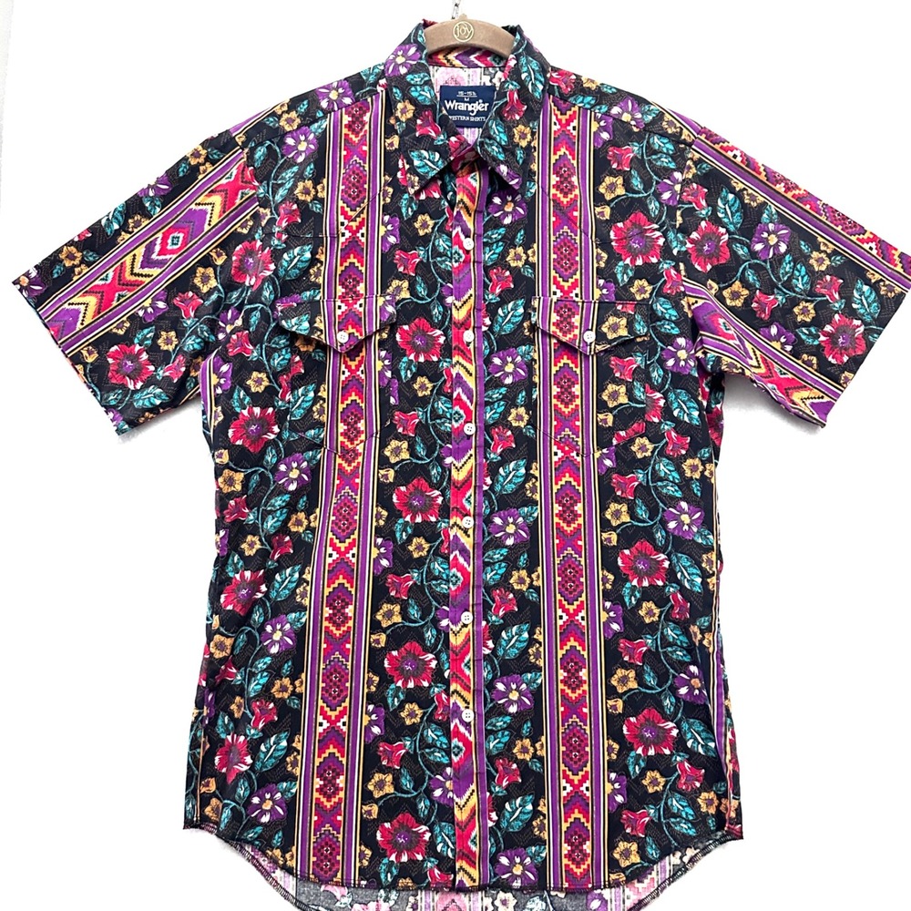 Wrangler 90s Brushpoppet 15-15.5 M Shirt Floral Aztec Southwestern Short Sleeve